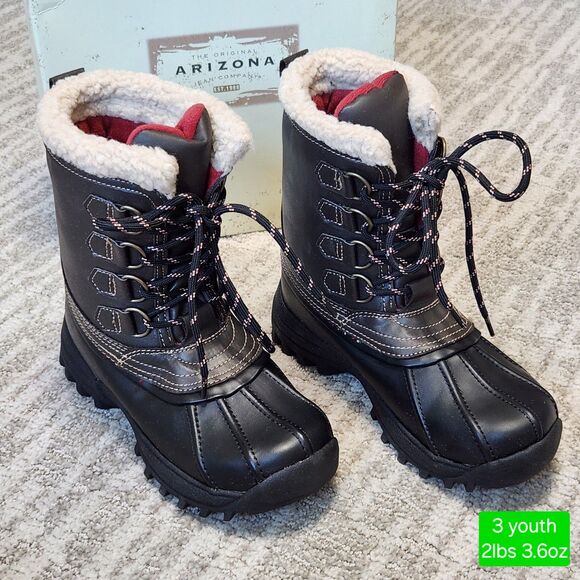 Arizona Jean Co boys Reed faux sherpa snow boots brown size 3 youth - Picture 1 of 11